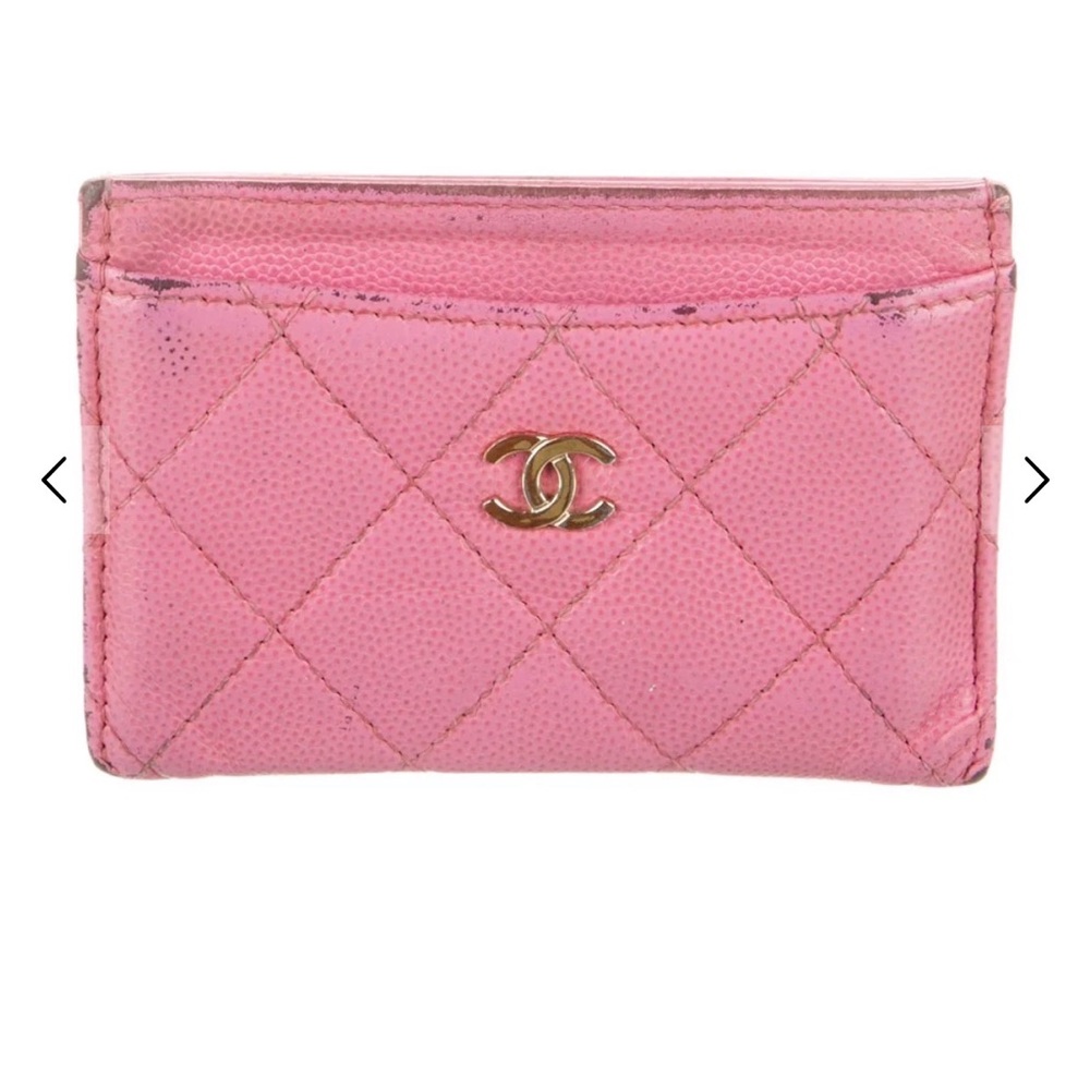 CHANEL Pink Quilted Card Case with Gold CC Emblem